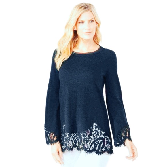 Soft Surroundings Isabeau Sweater Wool Cashmere Navy Blue Lace Bell Sleeve SZ M - Picture 3 of 10